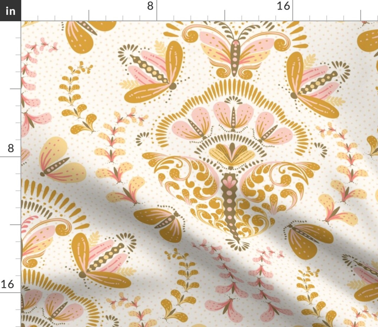 Gold Butterfly Light Pink Whimsical Damask Feminine Floral Garden Custom Printed Fabric by Spoonflower Various Fabrics by the Yard or Fat Quarter